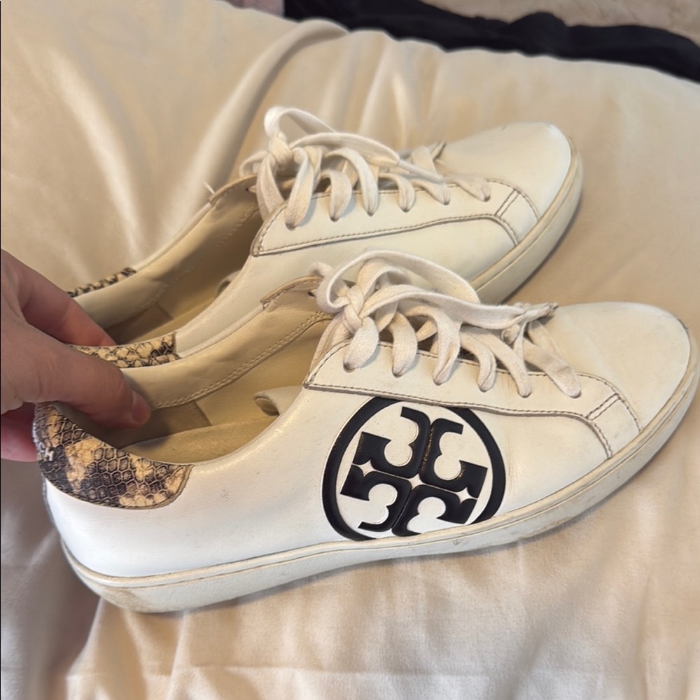 Tory Burch White and Black Sneakers with Iconic Logo